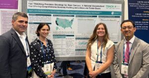 Jim Palma, Hetal Vig, Mary McGillicuddy, and Dr. Bicky Thapa standing in front of the TRACK poster at the 2026 ASCO Annual Meeting.